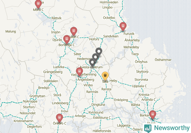 Karta över förseningar vid olika avgångsstationer.