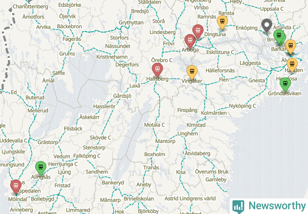 Karta över förseningar vid olika avgångsstationer.