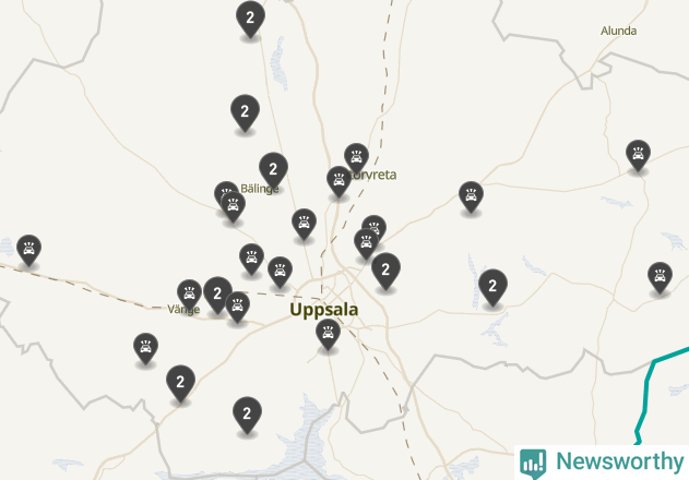 Karta över viltolyckor i Uppsala kommun