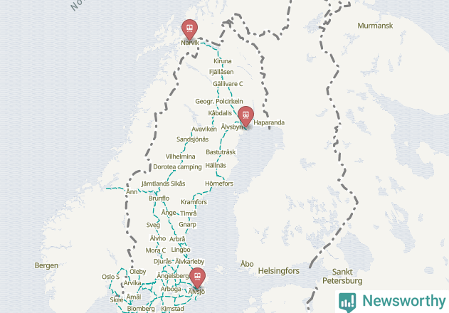 Karta över förseningar vid olika avgångsstationer.