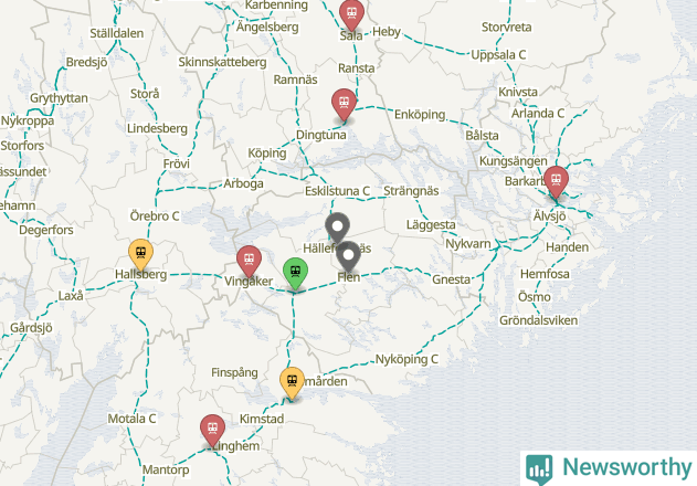 Karta över förseningar vid olika avgångsstationer.