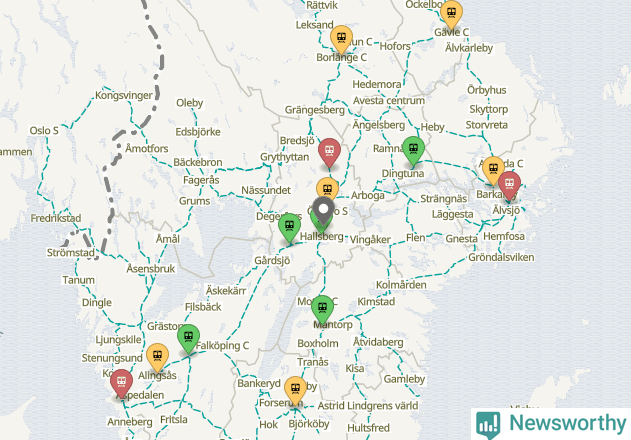 Karta över förseningar vid olika avgångsstationer.