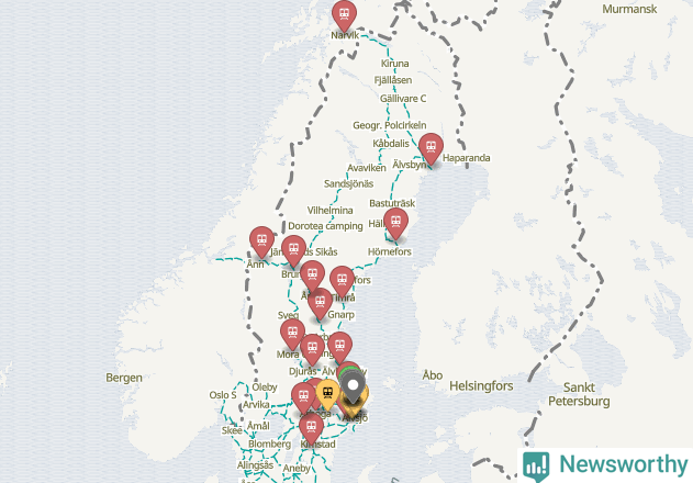 Karta över förseningar vid olika avgångsstationer.
