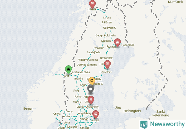 Karta över förseningar vid olika avgångsstationer.