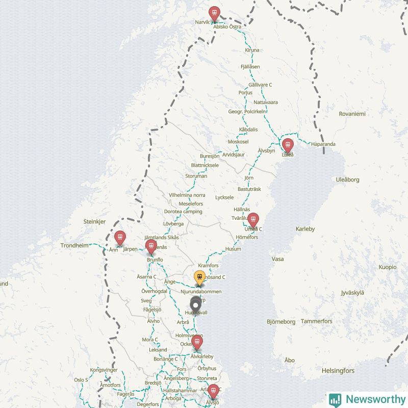 Karta över förseningar vid olika avgångsstationer. Här visas stationer med fler än fem avgångar under månaden.