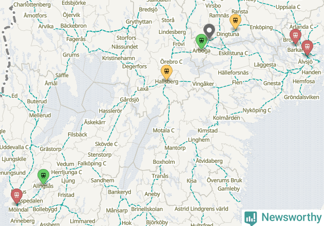 Karta över förseningar vid olika avgångsstationer.