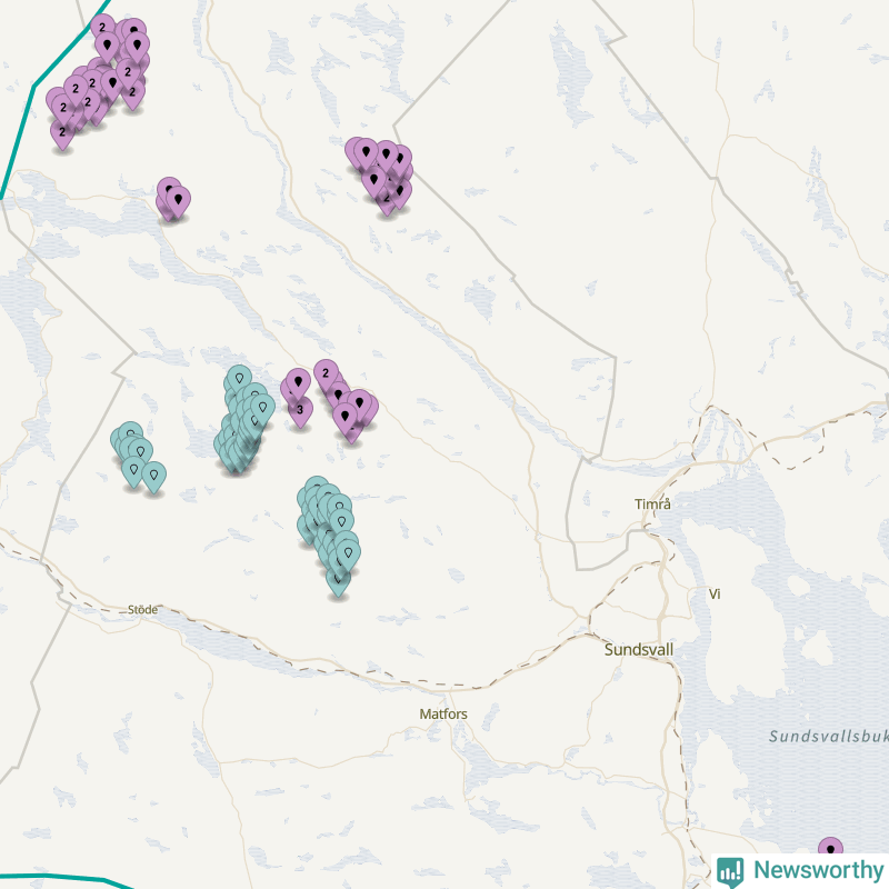 Karta över vindkraftverk i Sundsvalls kommun