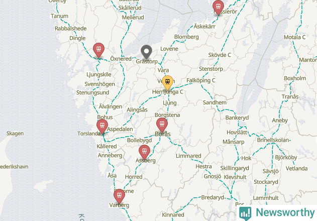 Karta över förseningar vid olika avgångsstationer.