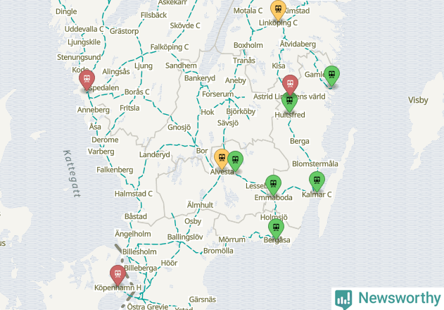 Karta över förseningar vid olika avgångsstationer.