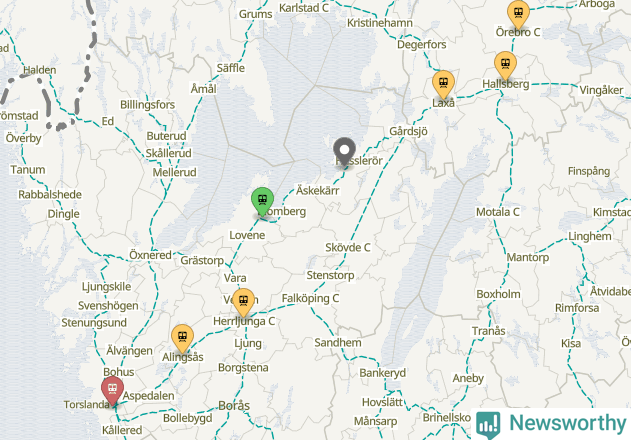 Karta över förseningar vid olika avgångsstationer.