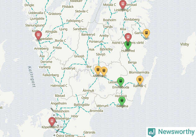 Karta över förseningar vid olika avgångsstationer.