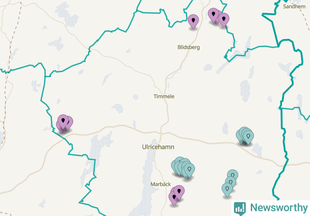 Karta över vindkraftverk i Ulricehamns kommun