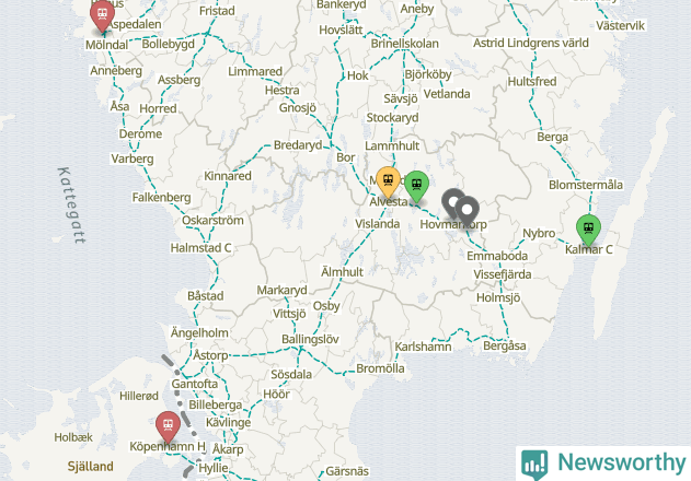 Karta över förseningar vid olika avgångsstationer.