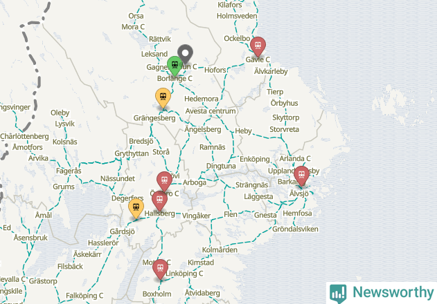 Karta över förseningar vid olika avgångsstationer.