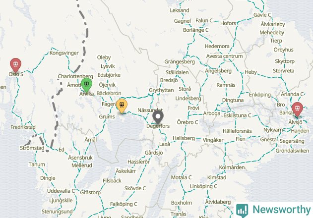 Karta över förseningar vid olika avgångsstationer.