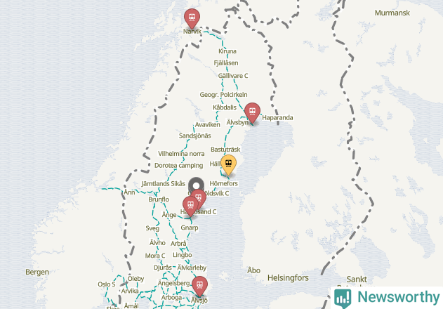 Karta över förseningar vid olika avgångsstationer. Här visas stationer med fler än fem avgångar under månaden.